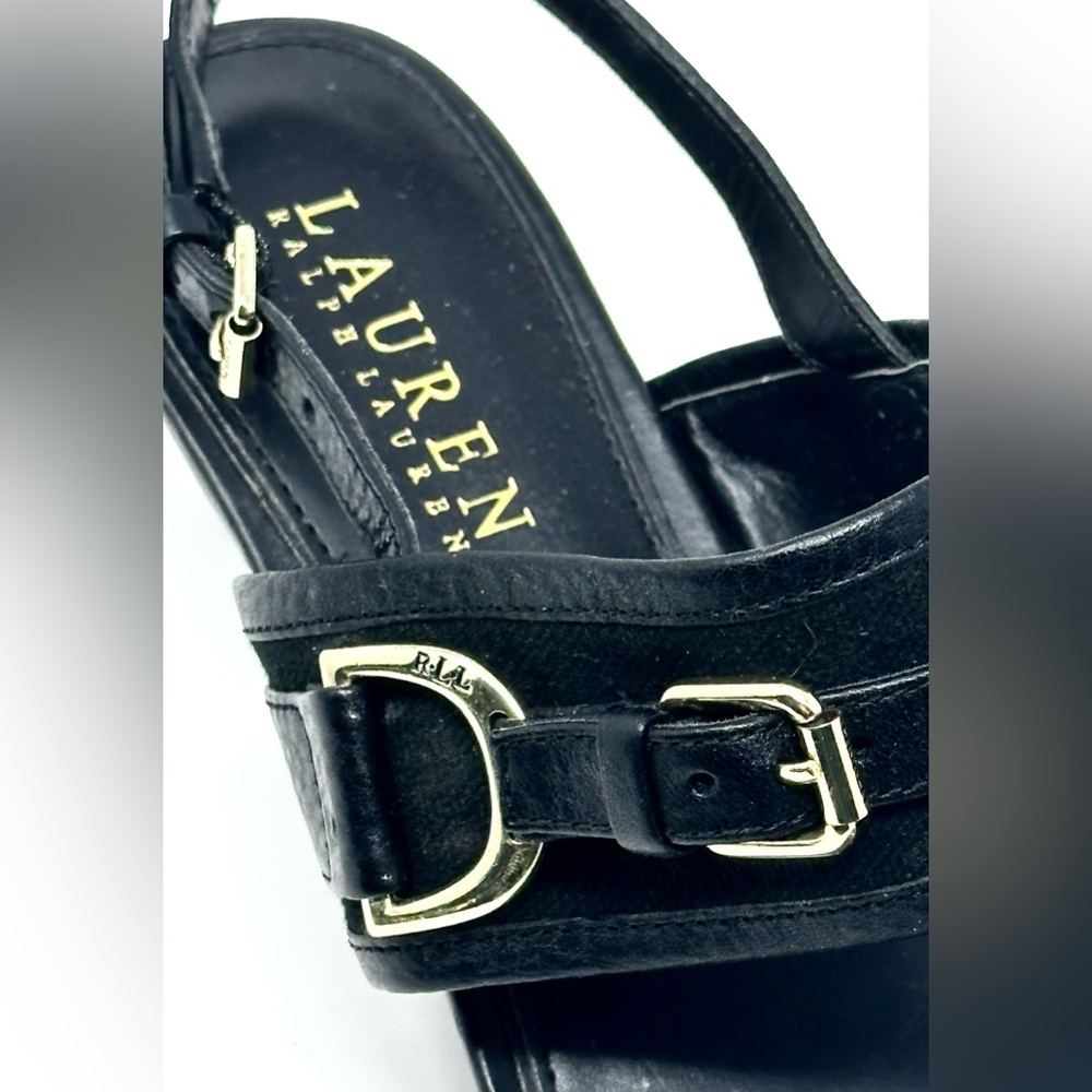 Ralph Lauren Black Leather Slingback Thong Heels with Buckle Detail - Picture 3 of 5